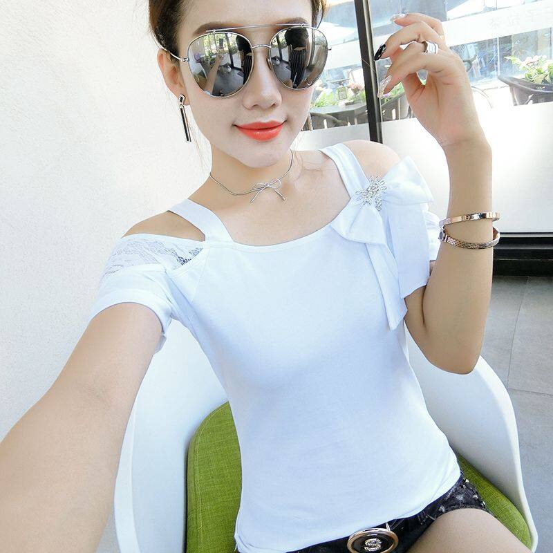 Korean Sexy Lace Slash Neck Off Shoulder Tshirt 2019 New Summer Bow ...