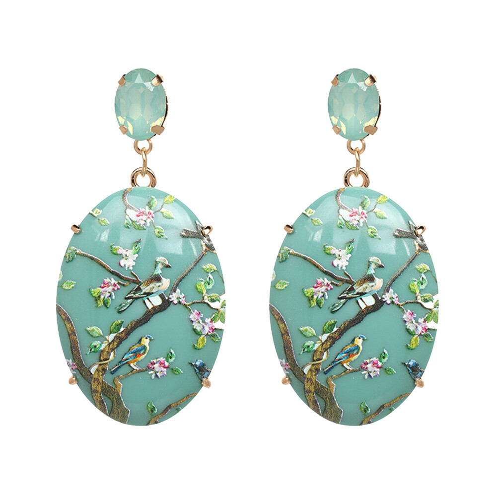 Gravitational Wave Vintage Women Resin Oval Dangle Earrings Hand Painted Flower Bird Party Jewelry