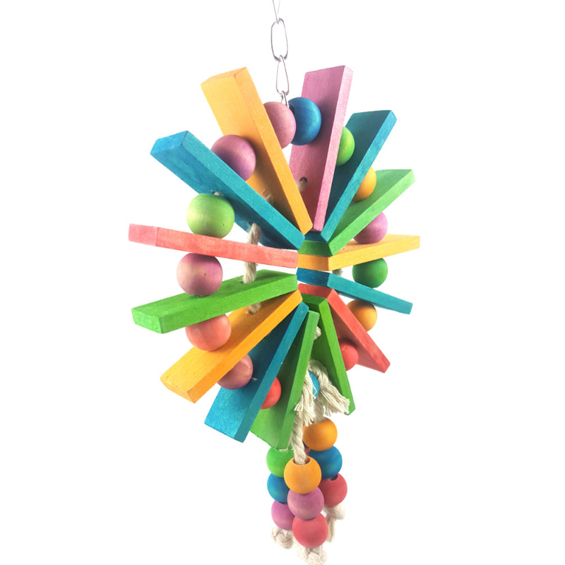 Bird Parrot Wooden Hanging Cage Toys With Hook Multi-color Natural Wood Blocks Chewing Toy Bird Cage Decoration