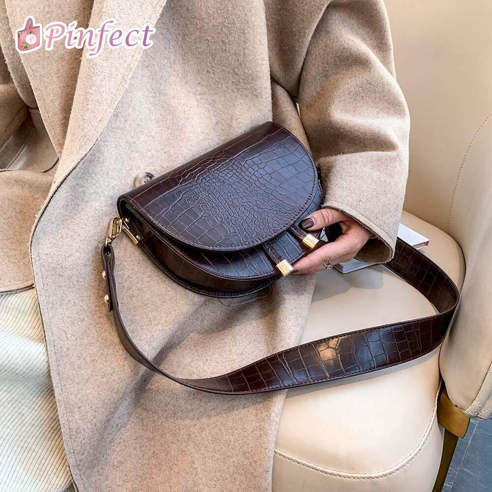 [Pinfect] Fashion Women Retro Crossbody Handbags Women Semicircle Small Solid Color Quality PU Leather Messenger Shoulder Bag Satchel Vintage Saddle Bag