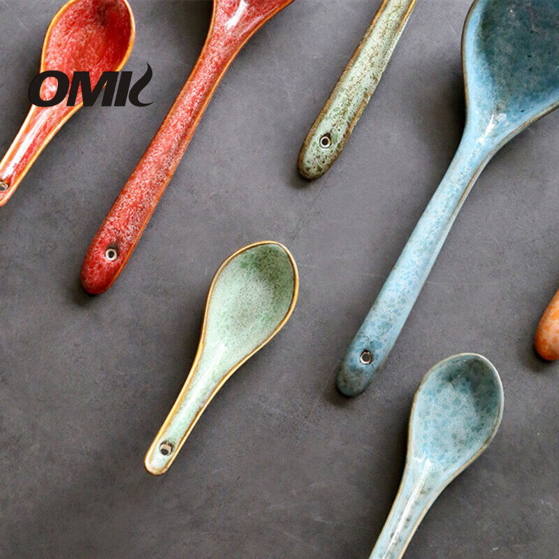 OMK Retro style ceramic soup spoon long handle