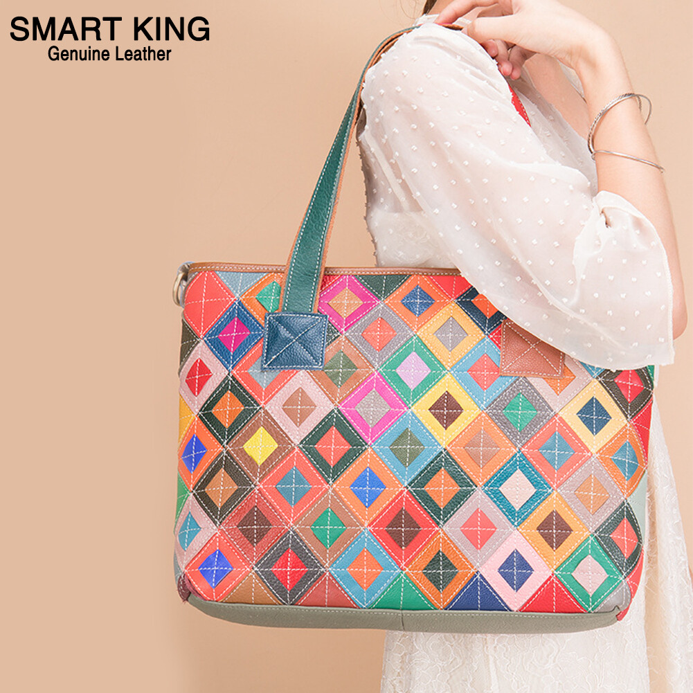 Smart King New For Women Genuine Cow Leather Top-Handbag Diamond Colorful Shoulder Bag Ladies Retro Tote Bag Crossbody