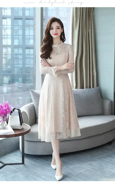 Elegant Long Sleeved Lace Dress Women Autumn Polo Neck Long Maxi