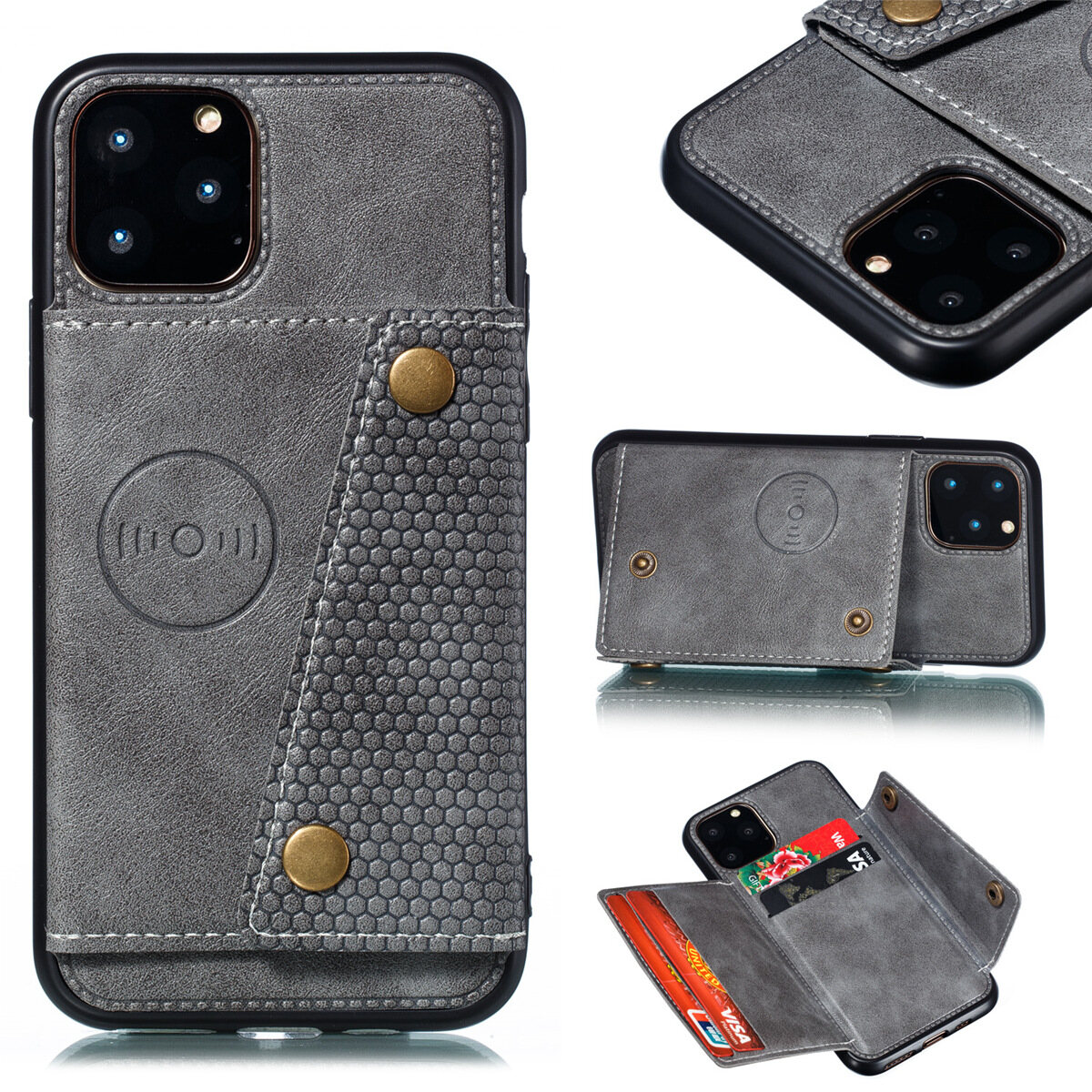 for iPhone 11 Pro Max Leather Case Multiple Folio Flip Cover Wallet Back Case Shell, can work with Car Mount, Hidden ID Credit Card Slot Holder, Retro Metal Button Clasp, Stand Support