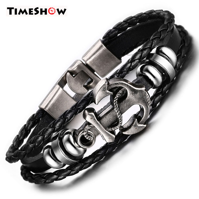 TimeShow Simple Fashion Men Bracelet Retor Leather Braided Strap Alloy Ship Anchor Decorate Man Hand Chain Jewelry Accessories