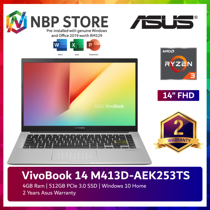 Asus VivoBook 14 M413D-AEK253TS 14 FHD Laptop Dreamy White ( Ryzen 3 3250U, 4GB, 512GB SSD, ATI, W10, HS ) Malaysia
