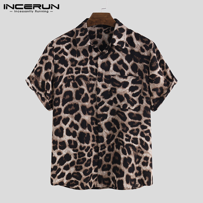 Medussa INCERUN Mens Leopard Printed Short Sleeve Blouse Hawaiian Beach Shirts Casual Tops Tee