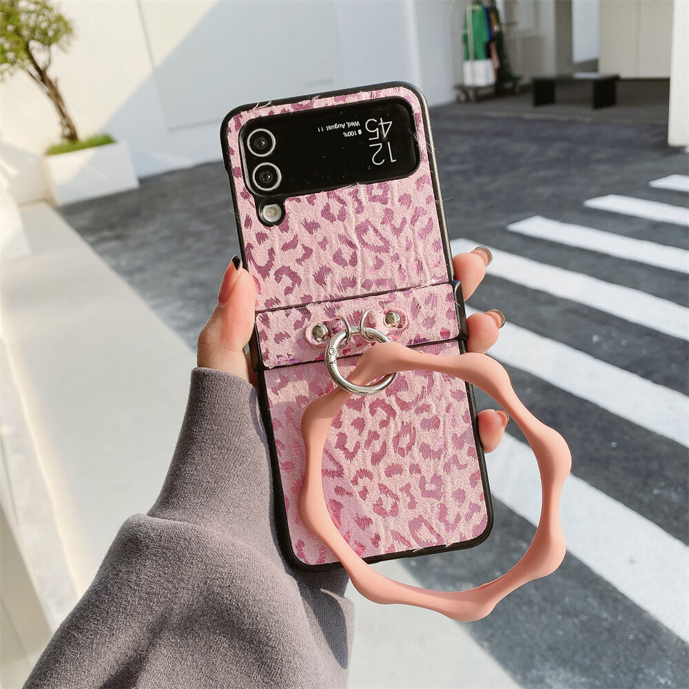 Dành Cho Samsung Galaxy Z Flip 4 Z Flip 3 Z Flip3 Z Flip4 Ốp Điện Thoại Gập Họa Tiết Da Báo Sang Trọng Cho Nữ 3 Trong 1 Vỏ Điện Thoại Chống Sốc Ốp Lưng Bằng Da Với Vòng Tay Tròn