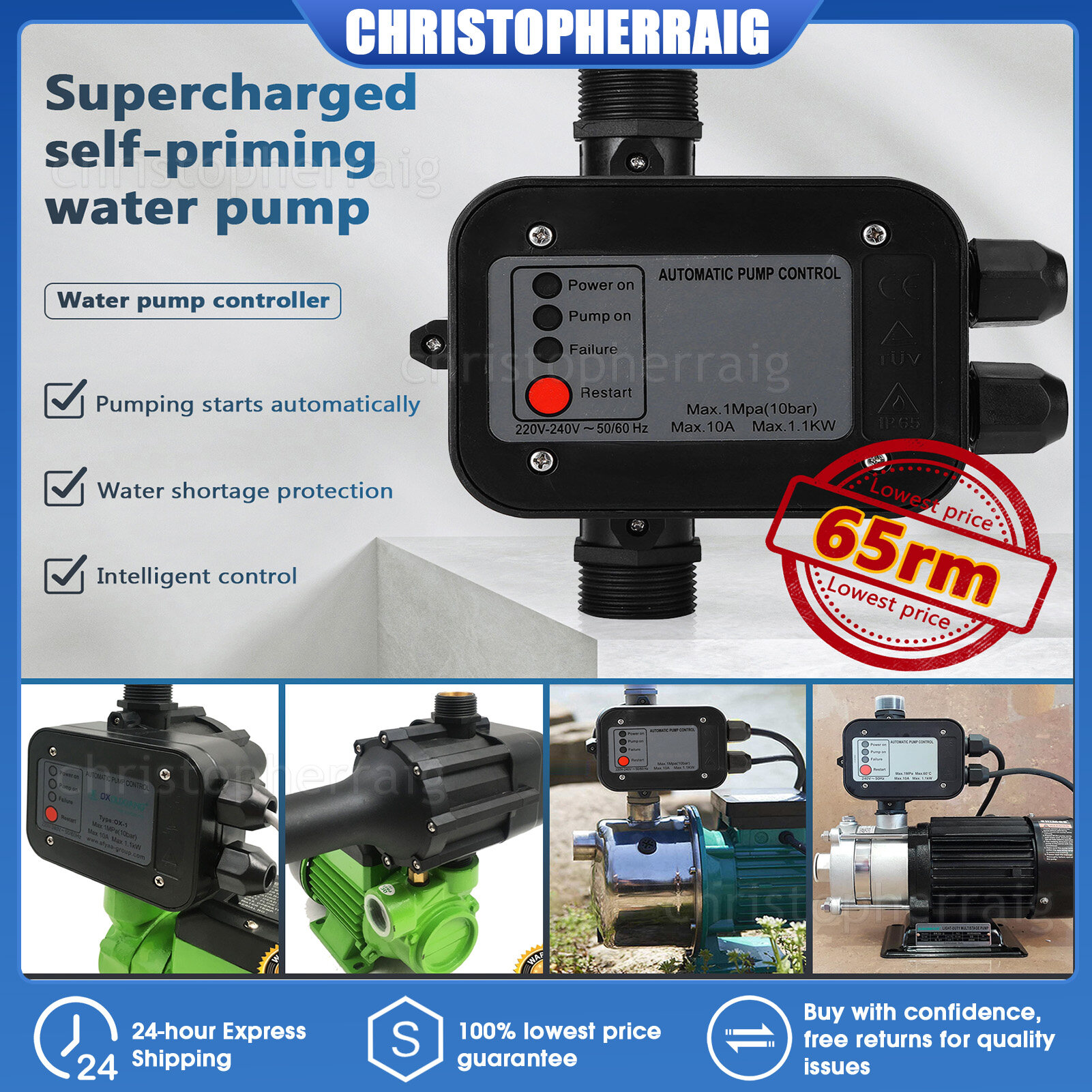 🔥🔥CHRIS 220V Black Selfpriming Water Pump Pressure Switch Automatic
