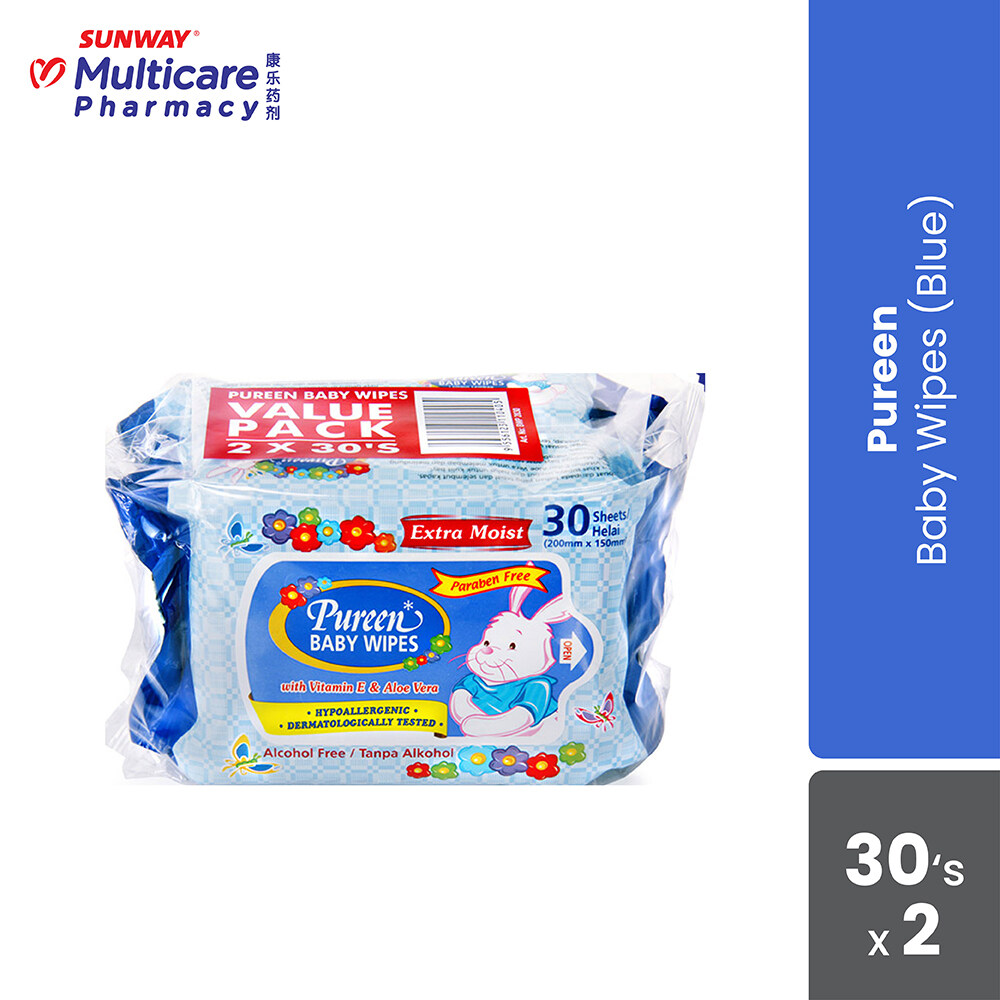 Sunway Pharmacy Pureen Baby Wipes Aloe Vera & Vitamin E 2X30's Blue