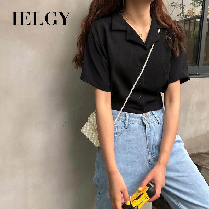 IELGY Women's V-neck versatile loose short lapels shirt short-sleeved shirt