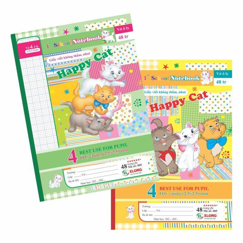 Combo 5 quyển Vở ô ly Happy Cat - 48 trang KLONG MS: 005