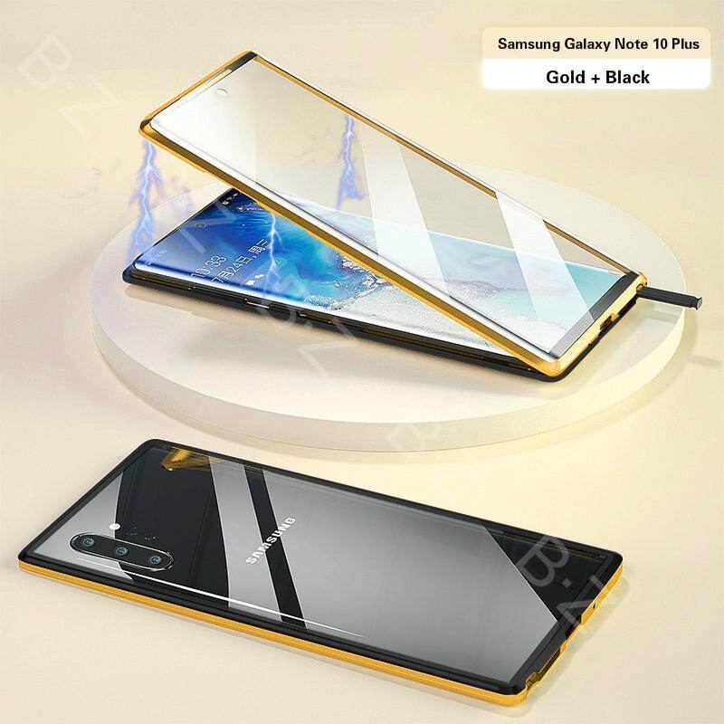 Dành Cho Ốp Từ Tính Samsung Galaxy Note 10 Plus 360 Mặt Trước + Mặt Sau Ốp Kính Cường Lực 9H Hai Mặt Cho Ốp Lưng Kim Loại Samsung Galaxy Note 10 Plus