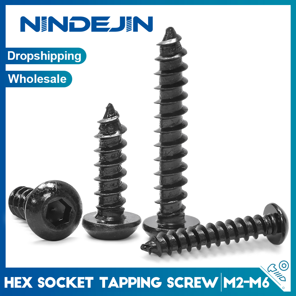 Nindejin 10-100pcs round button head hex self tapping screw m2 m2.5 m3 m3.5 m4 m5 m6 carbon steel allen hex socket wood screws