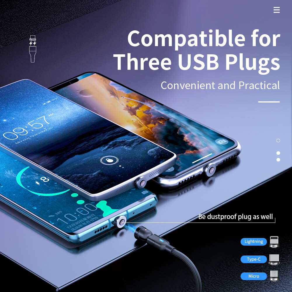 Cáp Nam Châm Hoco 3 Trong 1, Đầu Tròn Sạc Nhanh 3A Xoay Type-C /Micro USB/Chiếu Sáng Cho iPhone HUAWEI OPPO ViVO