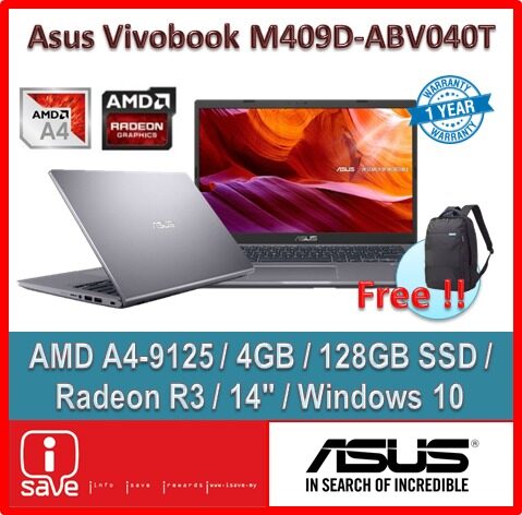 ASUS Laptop Vivobook M409B-ABV040T 14 Slate Grey ( A4-9125, 4GB, 128GB SSD, ATI, W10 ) Malaysia