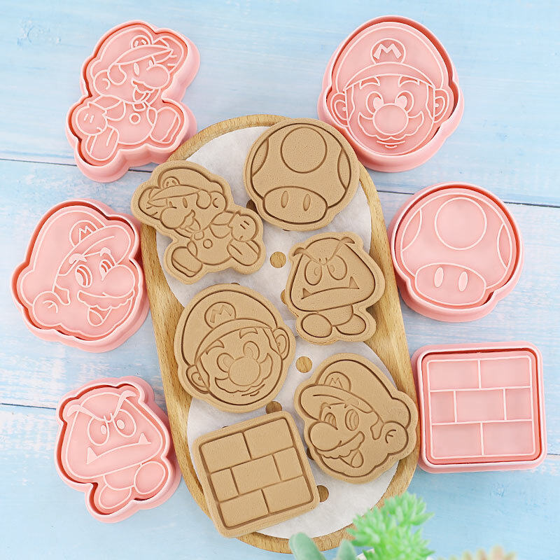 6 cái/bộ phim hoạt hình siêu Mario khuôn bánh quy nhựa bình ép bánh quy cookie press khuôn lật đường dụng cụ làm bánh