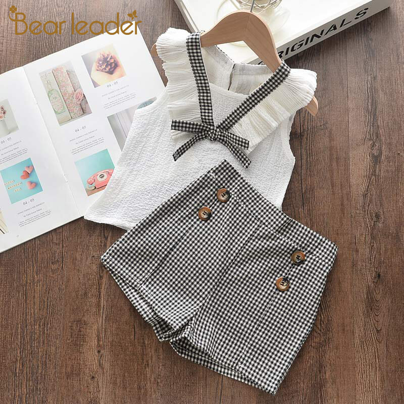 Bear Leader Kids Girl Clothing Set 2021 New Summer Fashion Casual Children's Clothing Sets V-neck Sleeveless Cute Cut Girls Bow Vest + Plaid Pants 2 Piece Children's Clothing Suits For Girls 2-6Y