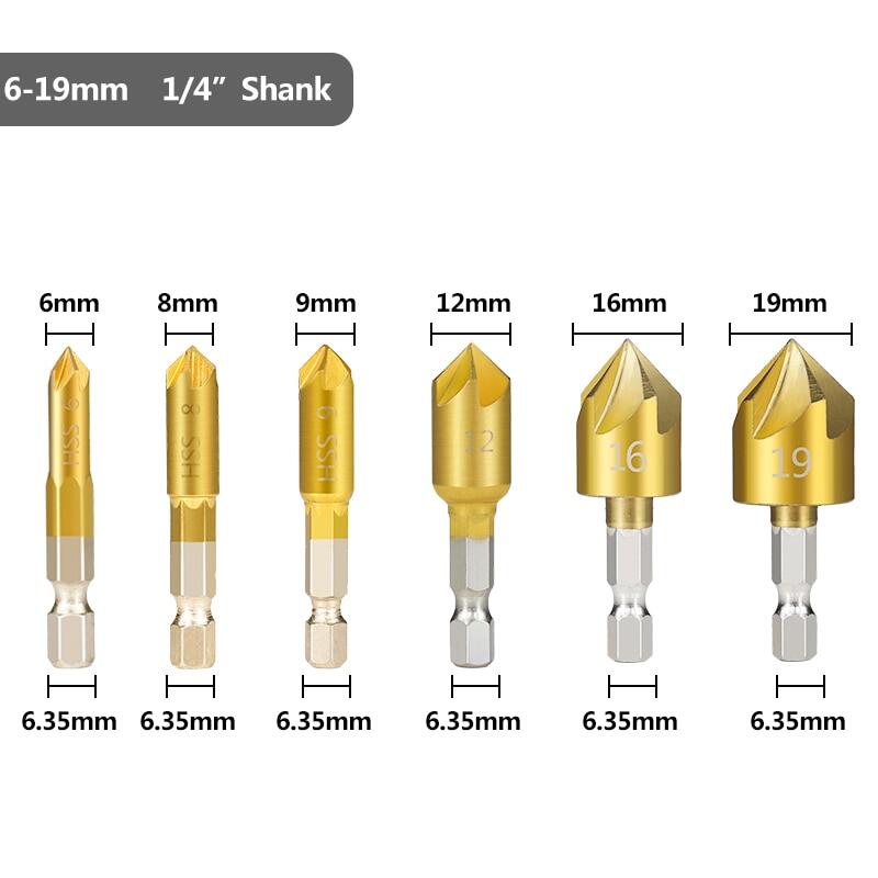 3/6Pcs Countersink Drill Bit Set 1/4'' Hex Shank HSS 5 Flute Countersink 90 Degree Wood Chamfering Cutter Chamfer 6mm-19mm