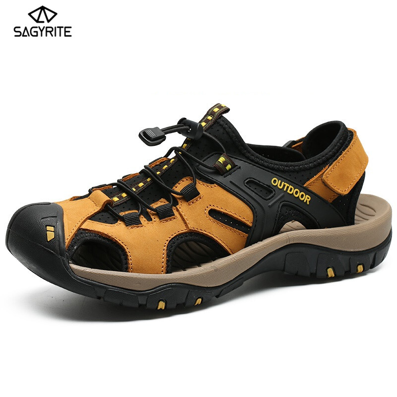 SAGYRITE Sandals for Men Leather Beach Walk Slippers Mens Sandals Outdoor Leather Hiking Sandals