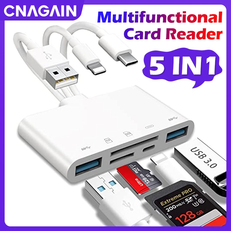 Cnagain 5-in-1 memory card reader, usb otg adapter & sd card reader for iphone/ipad, usb type c and usb a devices with micro sd & sd card slots, supports sd/micro sd/sdhc/sdxc