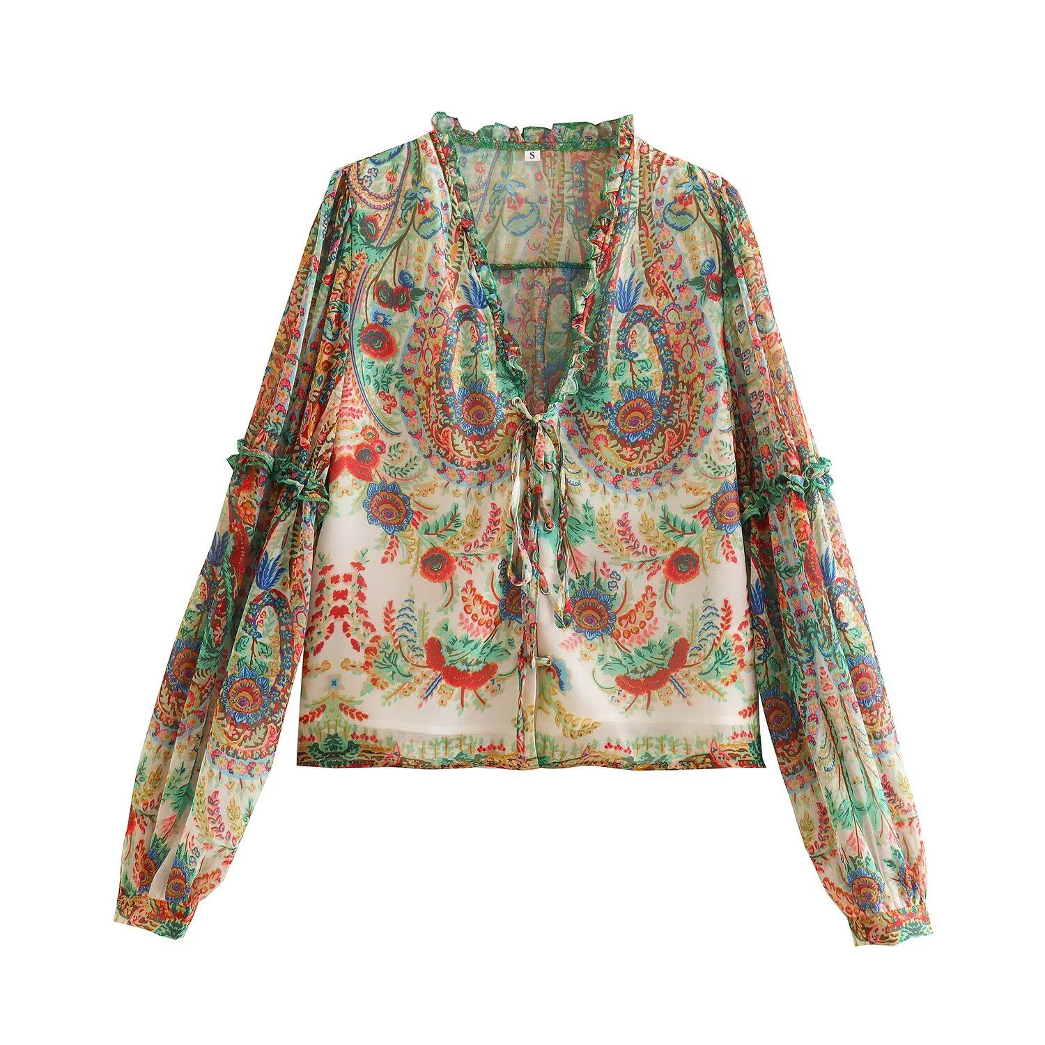 Willshela Women Fashion Courtly Style Printed Chiffon Blouse Ruffled Collar V-Neck Long Sleeves Female Chic Lady Casual Vintage Tops Shirt