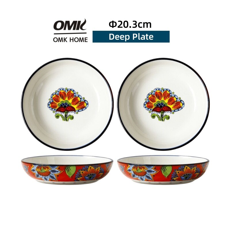 OMK Big red flowers series Ceramic 8.5 deep plate Salad bowl