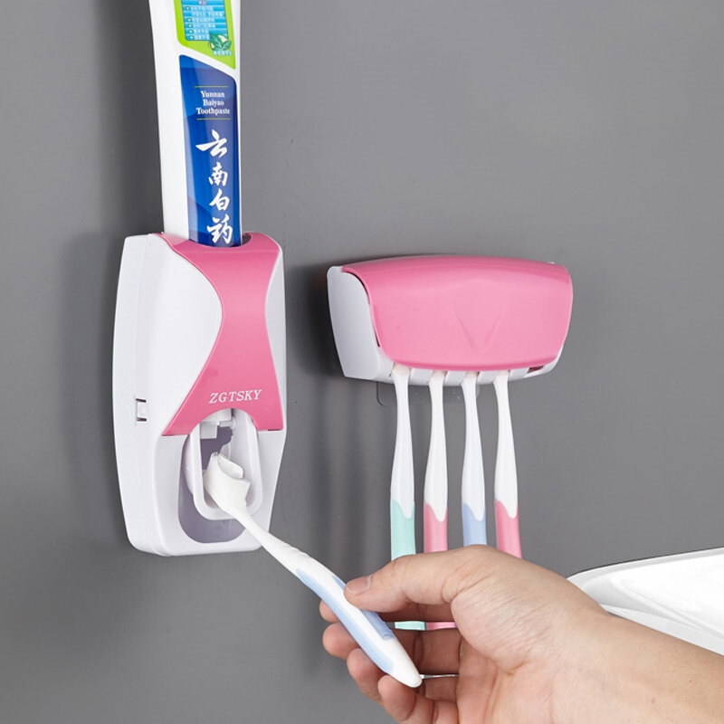 Automatic Toothpaste Dispenser Toothbrush Holder Set Dustproof Sticky Suction Bathroom Wall Mounted Toothpaste Squeezer