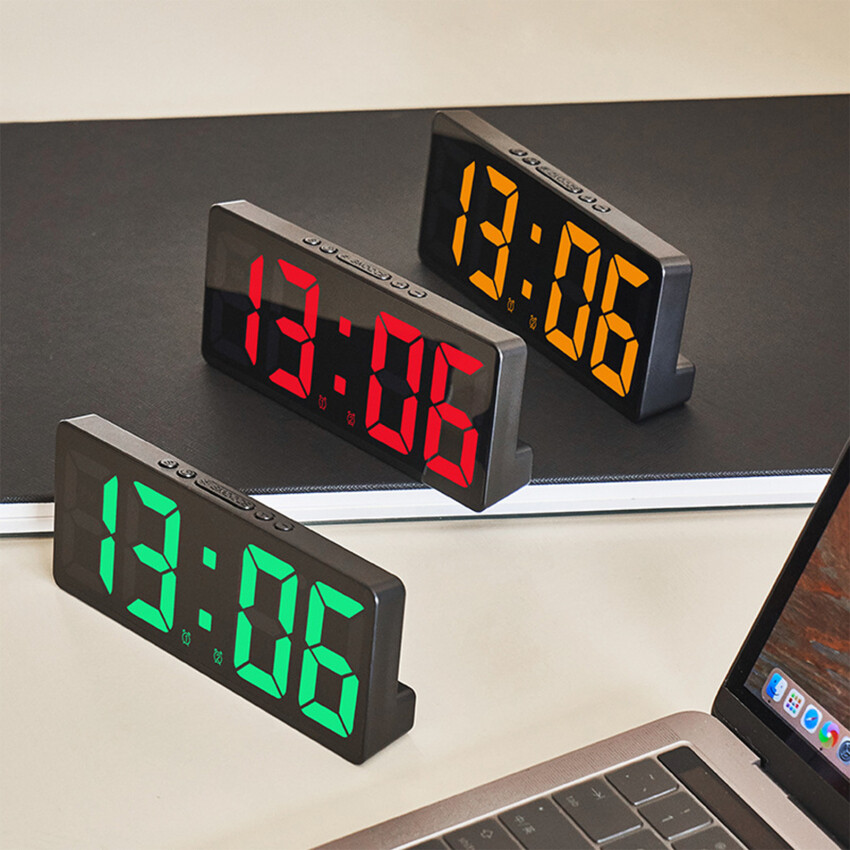 LED Mirror Large Screen Digital Clock Alarm Temperature Date Display 12/24H Anti-Disturb Multifunctional Bedroom Bedside Clock