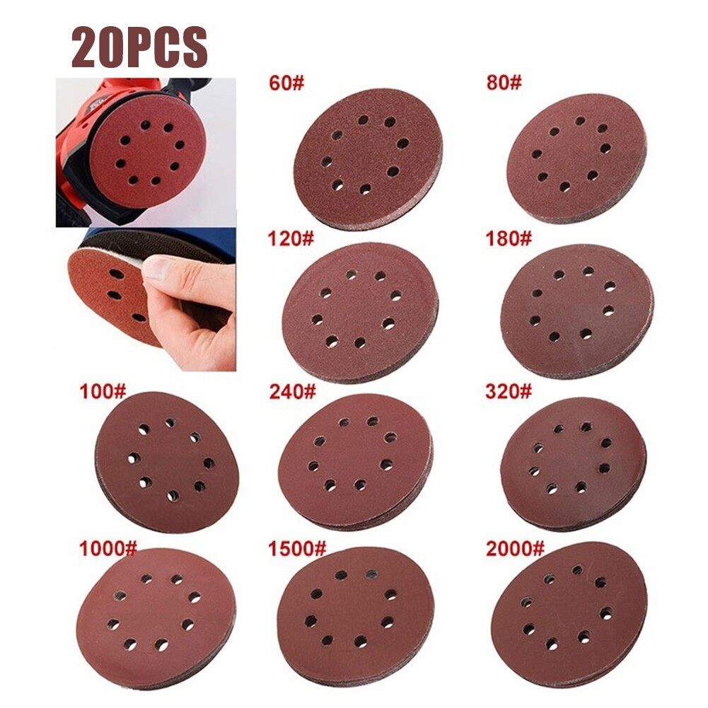 20x 5 125mm Round Sandpaper 8-Hole Sanding Sheet Discs Hook Loop 40-2000 Grits