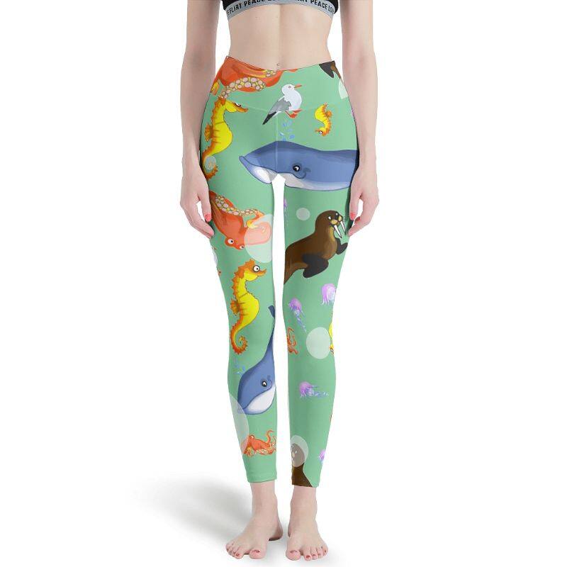 NUM Fishes Under The Sea Women's High Waist Leggings Textured Activewear Gym Shapewear Tights for Women white 3xl