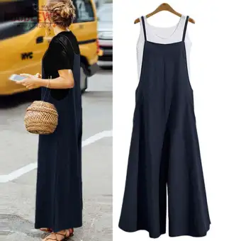 cotton and linen casual style suspender pocket jumpsuit