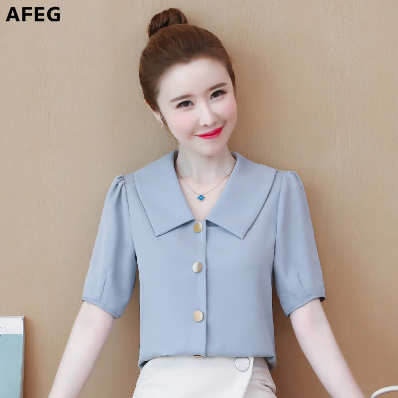 AFEG new Korean version of women's short-sleeved chiffon casual fashion wild temperament elegant OL blouse