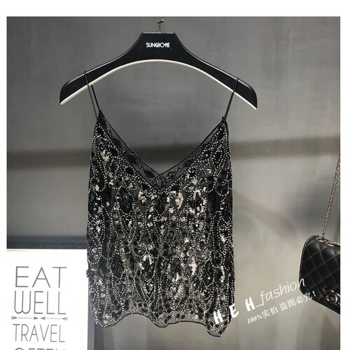 Sexy Sequin suspender vest, hollow mesh nail beads on the outside, and a bottomed shirt on the inside