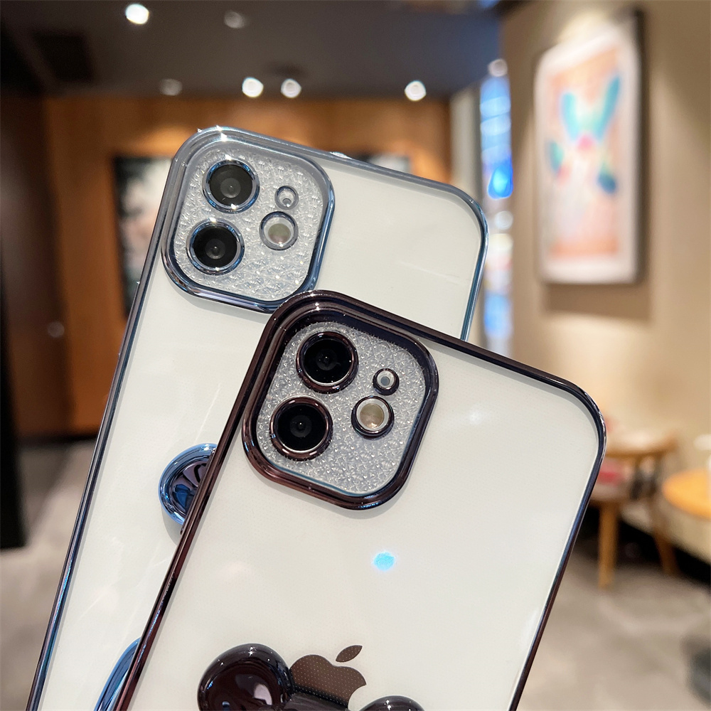 Cute Cartoon Bear Electroplating Bracket Phone Case for IPhone 11 12 13 Pro Max 7 8 Plus SE 2 Case Xr Xs Max Luxury Transparent Electroplated Frame Phone Case