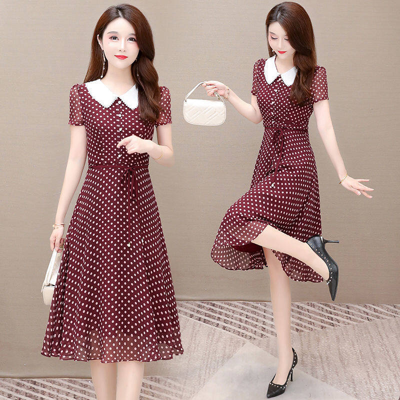 Chiffon small dress female summer 2022 new doll collar polka dot plus size women's spring mother skirt