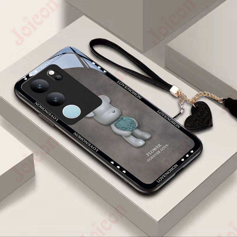VIVO V29 Phone Case V29E 5G Case Lovely Flower Ball Bear Tempered Glass Casing Cover Straight Edge Lens Camera Protection Shockproof Shell With Cute Heart Hand Strap Lanyard