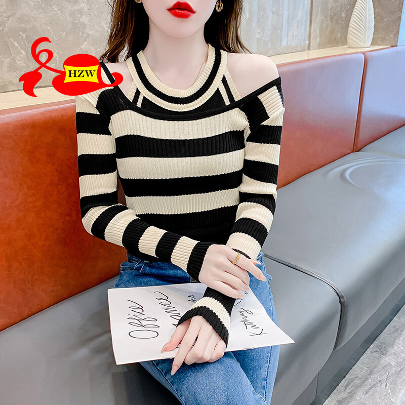 HZW Striped off-the-shoulder striped knitted sweater two-piece 2023 autumn niche bottoming shirt top