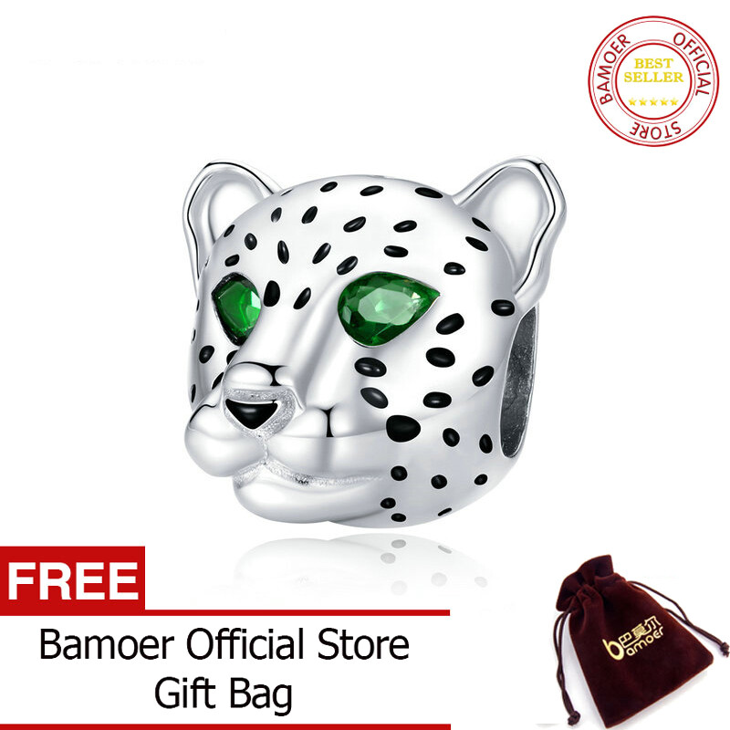 BAMOER Real 925 Sterling Silver Cheetah Head Pendant Charm for 3mm Snake Bracelet or Necklace DIY Jewelry Making SCC1675
