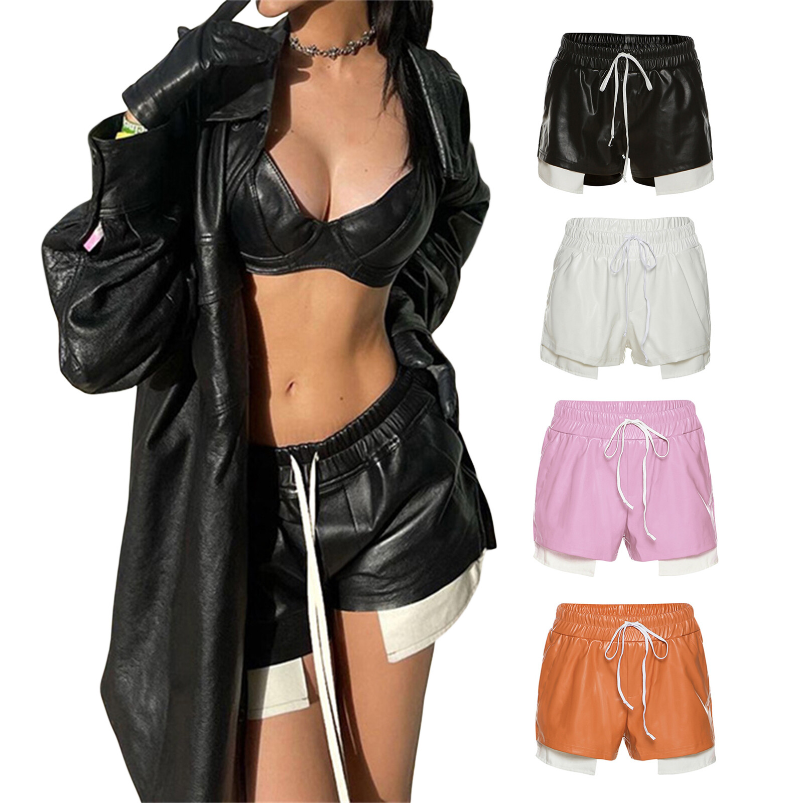 Women's Shorts, Solid Color/Contrast Color Patchwork Drawstring Elastic Waist Short Pants, Casual Simple Style Bottoms