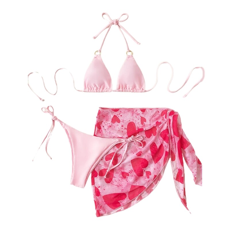 Female Halter Triangle Swimsuit Ladies Sexy Backless Bikini Lace-up Bikini 3 Piece Backless Summer Pink Bikini