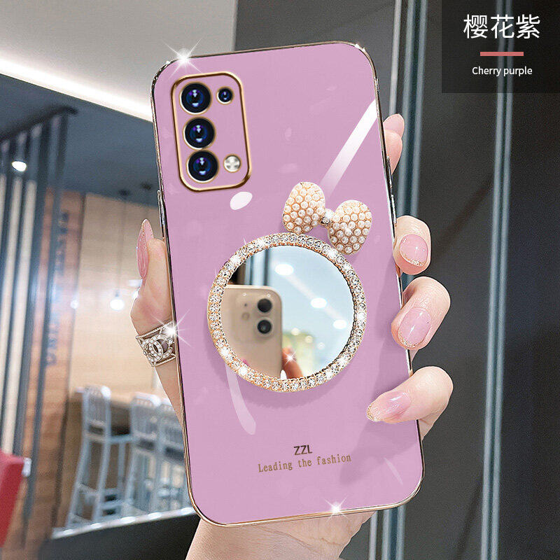 For OPPO Reno5 5Pro 2Z 2F 3 4Z 6 6Z 7 7Z 8Pro 8T 10 10Pro 5G Case, with Rhinestone Shiny Cute Bowknot Makeup Mirror Slim Luxury Plating Soft Phone Casing Shockproof Soft Silicone Bumper Protective Back Cover Girl Woman Cases
