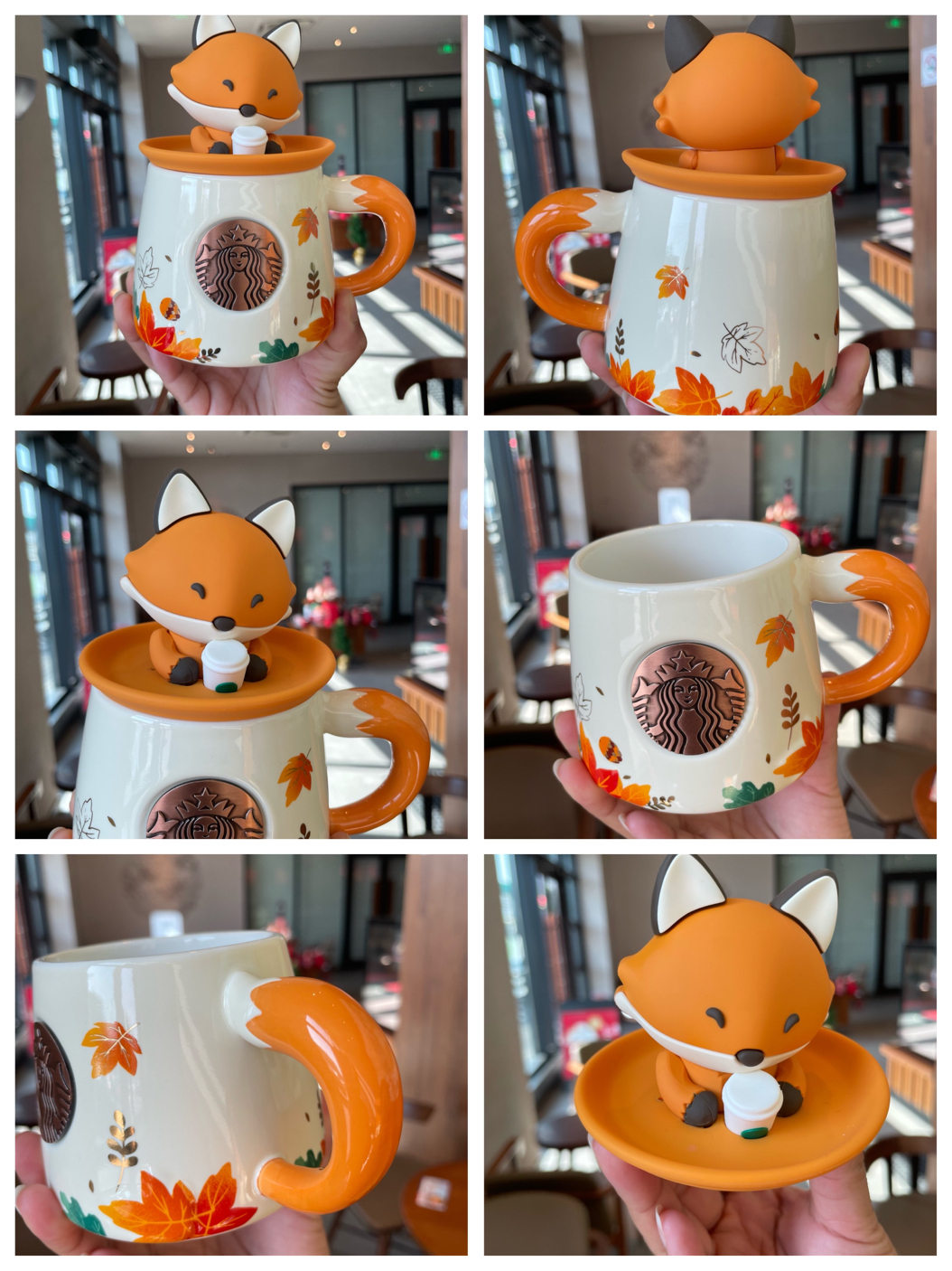 Starbuck Cup Autumn Maple Leaf Cute Fox Shape Bronze Ceramic Mug Desktop Cup Coffee Cup with Cover