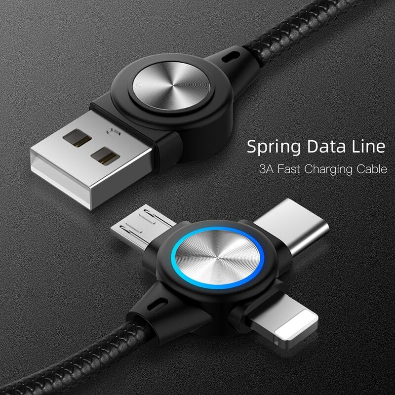 FLOVEME 3 in 1 USB Cable Data Transmission Spring Retractable Charing Charger Type C Lightning Micro USB Data Cable For iphone Samsung Xiaomi Android Phone