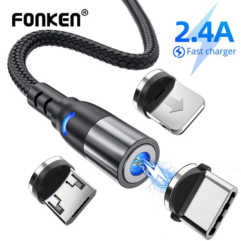 FONKEN 2M 3 in 1 For Xiaomi Redmi note7 Note 8 phone cable Lighting Charging Magnetic Cable Type-C Micro USB For LG Vivo Oppo HTC Magnet Charge Cord For IPhone 12 6 XR X 8 Plus Magnetic Charger Cables