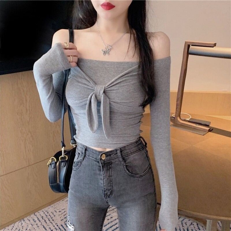 Ladies Tight-fitting One-neck Long-sleeved T-shirt Short Bottoming Shirt