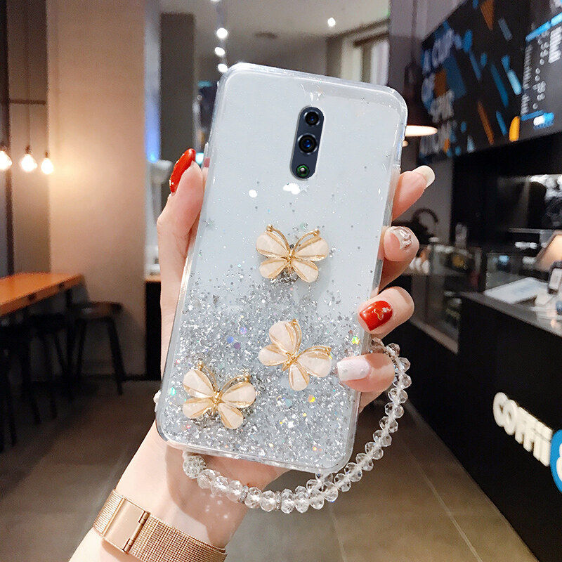 For OPPO Reno Reno2 2Z 3 4 4Pro 4F 5F 5 5Pro 6 6Pro 7Pro 8Pro 6Z 7Z5G Case, Luxury Glitter Bling Sparkle Fashion 3D Butterfly Starry With Crystal Hand Strap Clear Phone Casing Soft Protective Back Cover