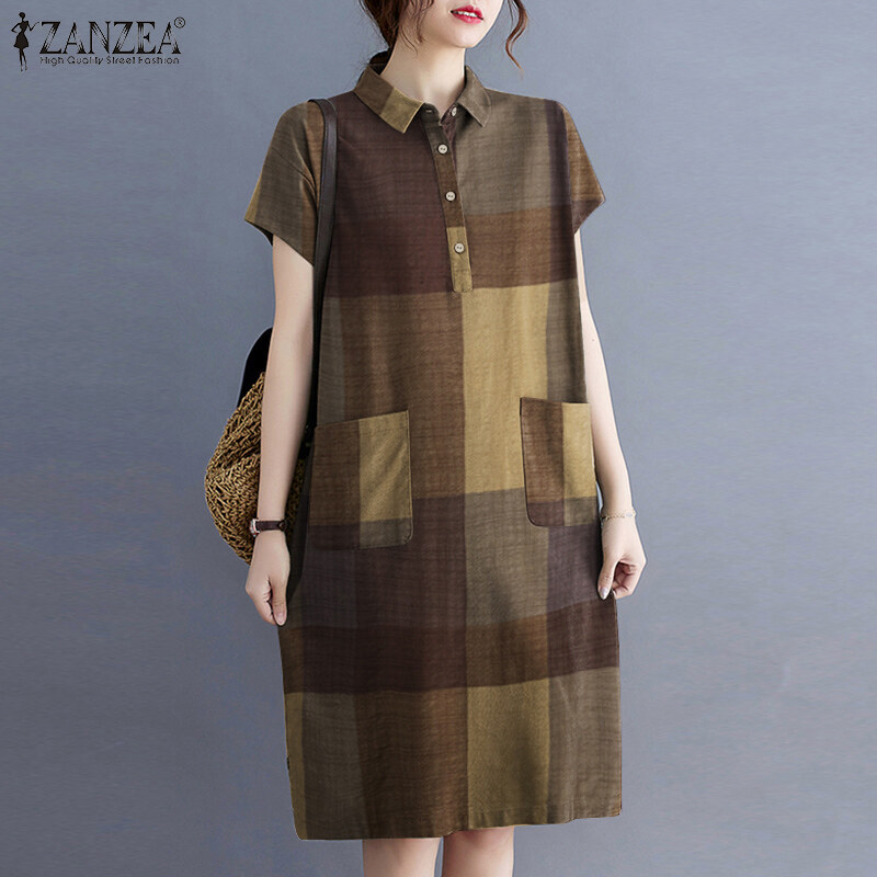 ZANZEA Women Vinatge Plaid Cotton Short Sleeve Loose Baggy A-Line Midi Shirt Dress