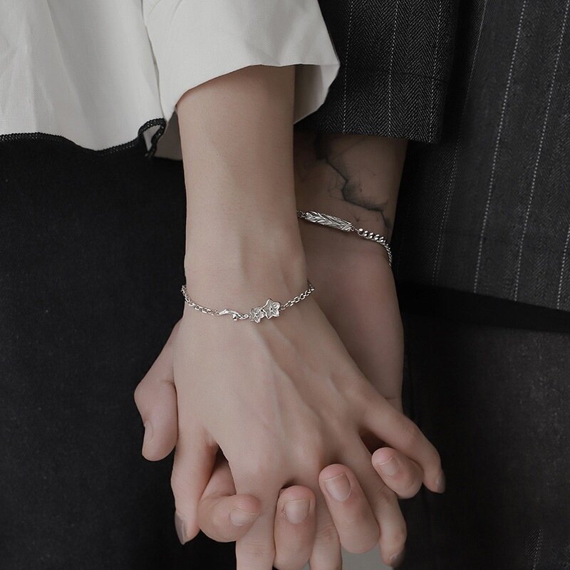 Thanh lịch phong cách đơn giản quên-me-không hoa mặt dây chuyền hình lá Bangles titan bạc thép nam nữ thời trang đôi trang sức vòng đeo tay