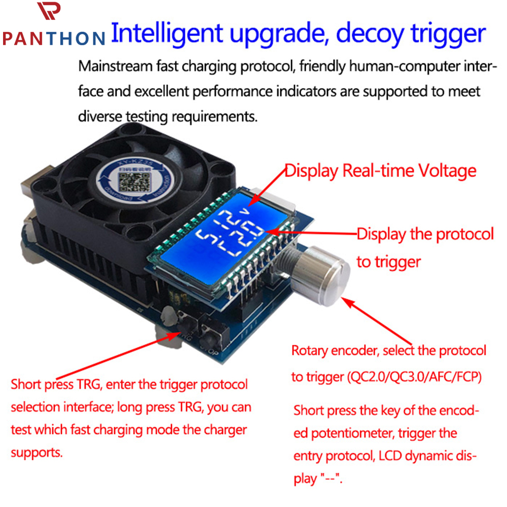 PANTHON Electronic USB Load Tester Adjustable Discharge Resistor Module 35W Test and Trigger QC2.0 QC3.0 AFC FCP with Cooling Fan